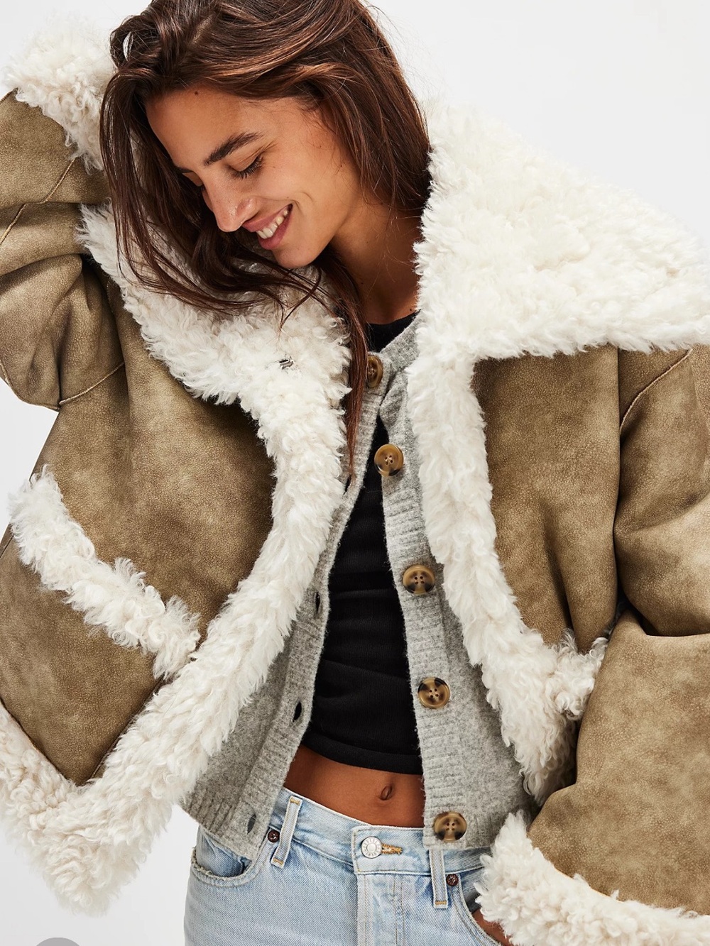 Free People Kiki Vegan Leather Sherpa Jacket- Concrete Combo